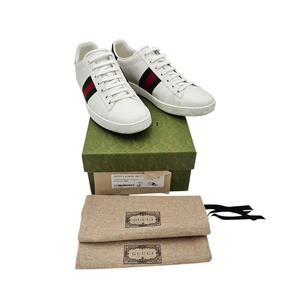Gucci Ace Web Stripe Low Top Sneaker White Leather Green Red Size 40.5 US 10.5 - Picture 2 of 11